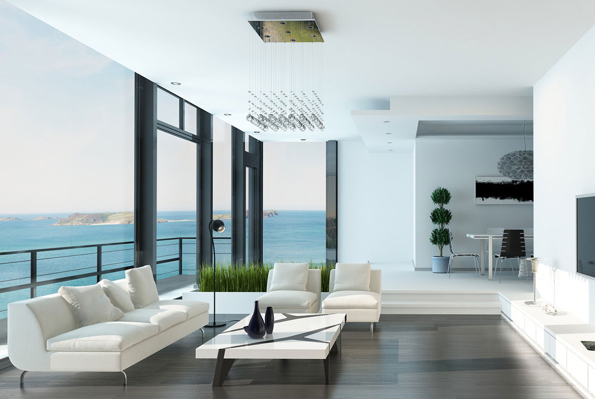 Modern living room with bay view